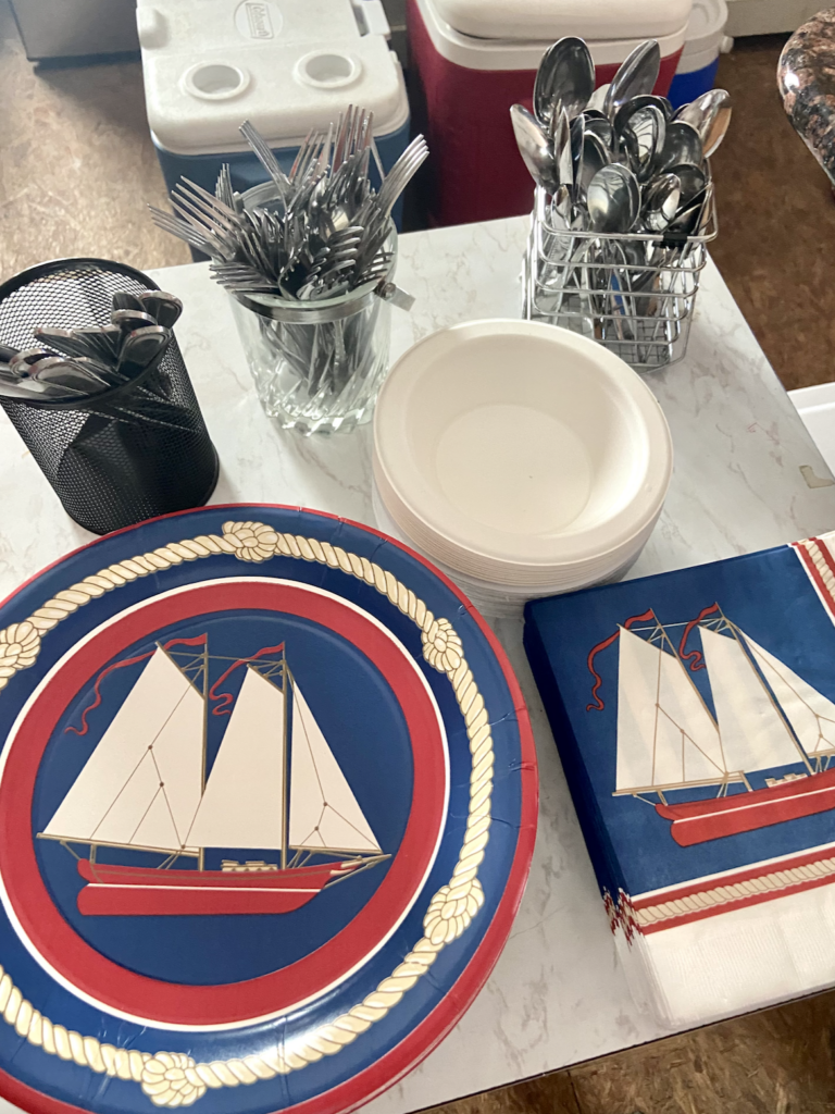 3. Serve Food with Plastic-Free Dinnerware<br>We use real silverware, washable cups and this year we used compostable plates and bowls.